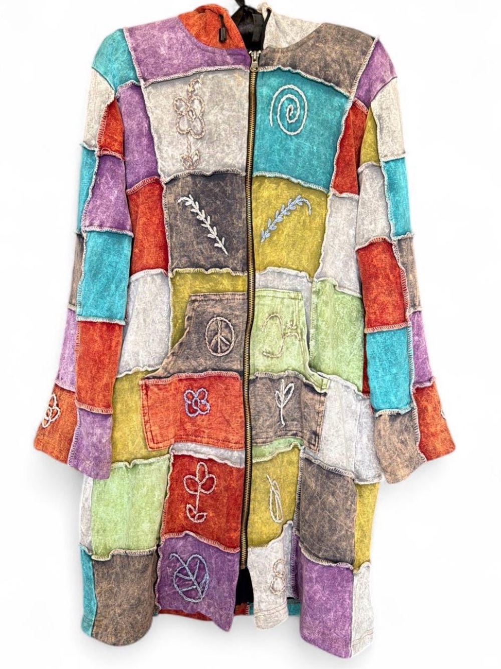 Rising International Multicolor Patchwork Zip-Front Long Cape Coat | Size Medium